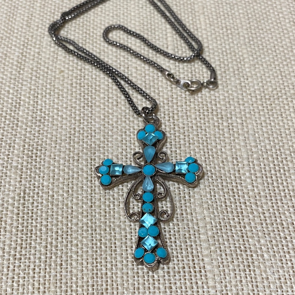 Vintage Turquoise crystal Cross silver Pendant with 18” chain Necklace